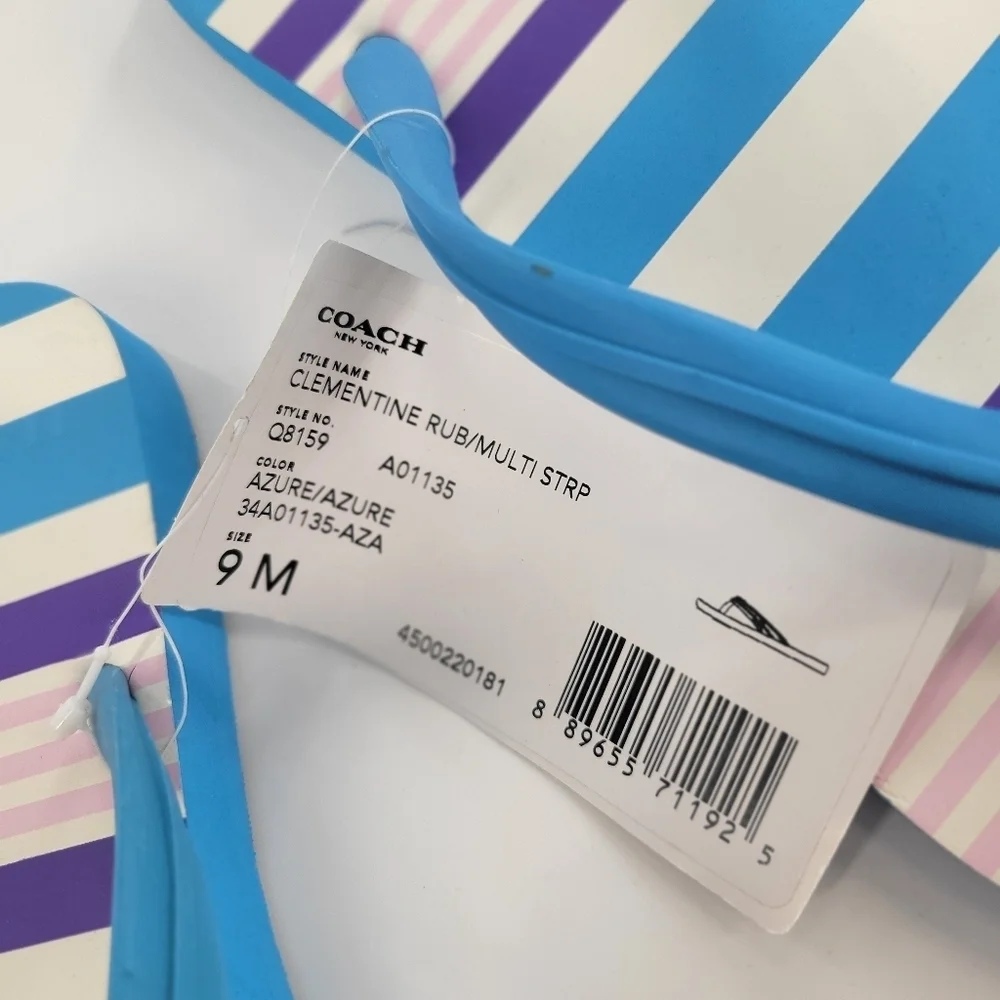 Coach Clementine Azure Blue Striped Rubber Flip‎ Flops Size 9